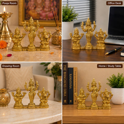 Brass Laxmi Ganesh Saraswati Idol God Murti for Home Temple, Pooja Room & Spiritual Decor | Premium Brass Lakshmi Ganesh Saraswati Statue for Diwali Puja, Office Desk & Gifting | Height 8 cm | Weight 265 Gram