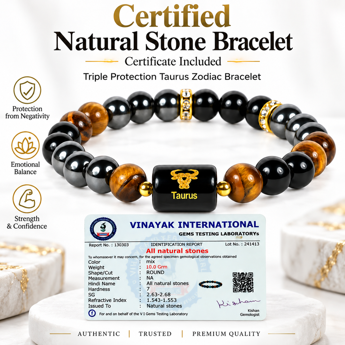 Certified Triple Protection Taurus Zodiac Bracelet 8 mm
