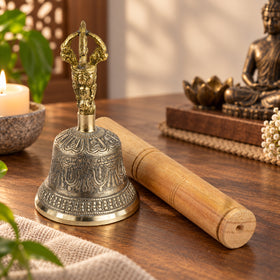 Tibetan Brass Meditation Bell 12.7 cm (5 Inch) with Wooden Stick | Buddhist Prayer Bell for Reiki, Yoga & Sound Therapy