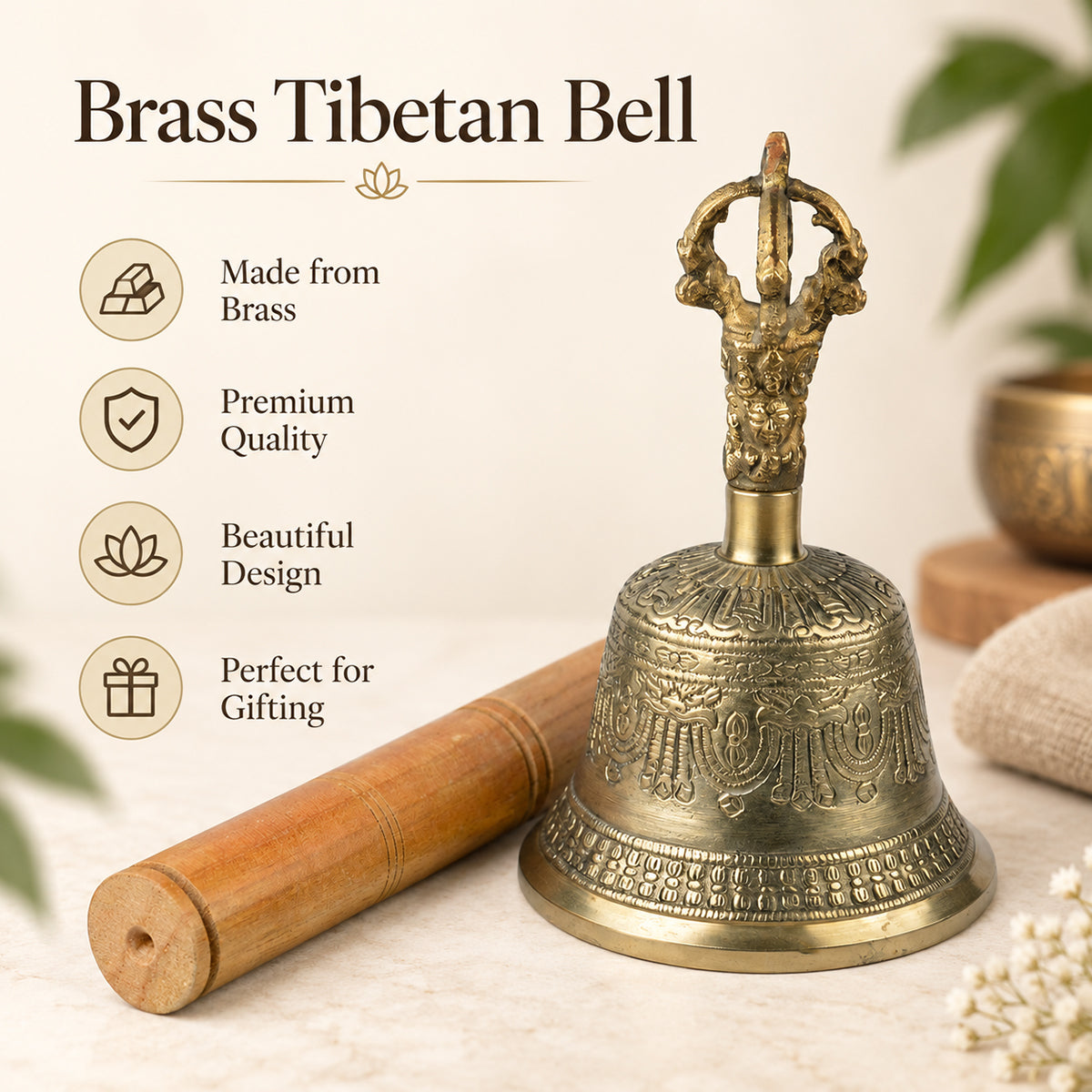 Reiki Crystal Products Brass Tibetan Bell with Wooden Stick for Spiritual Gifting