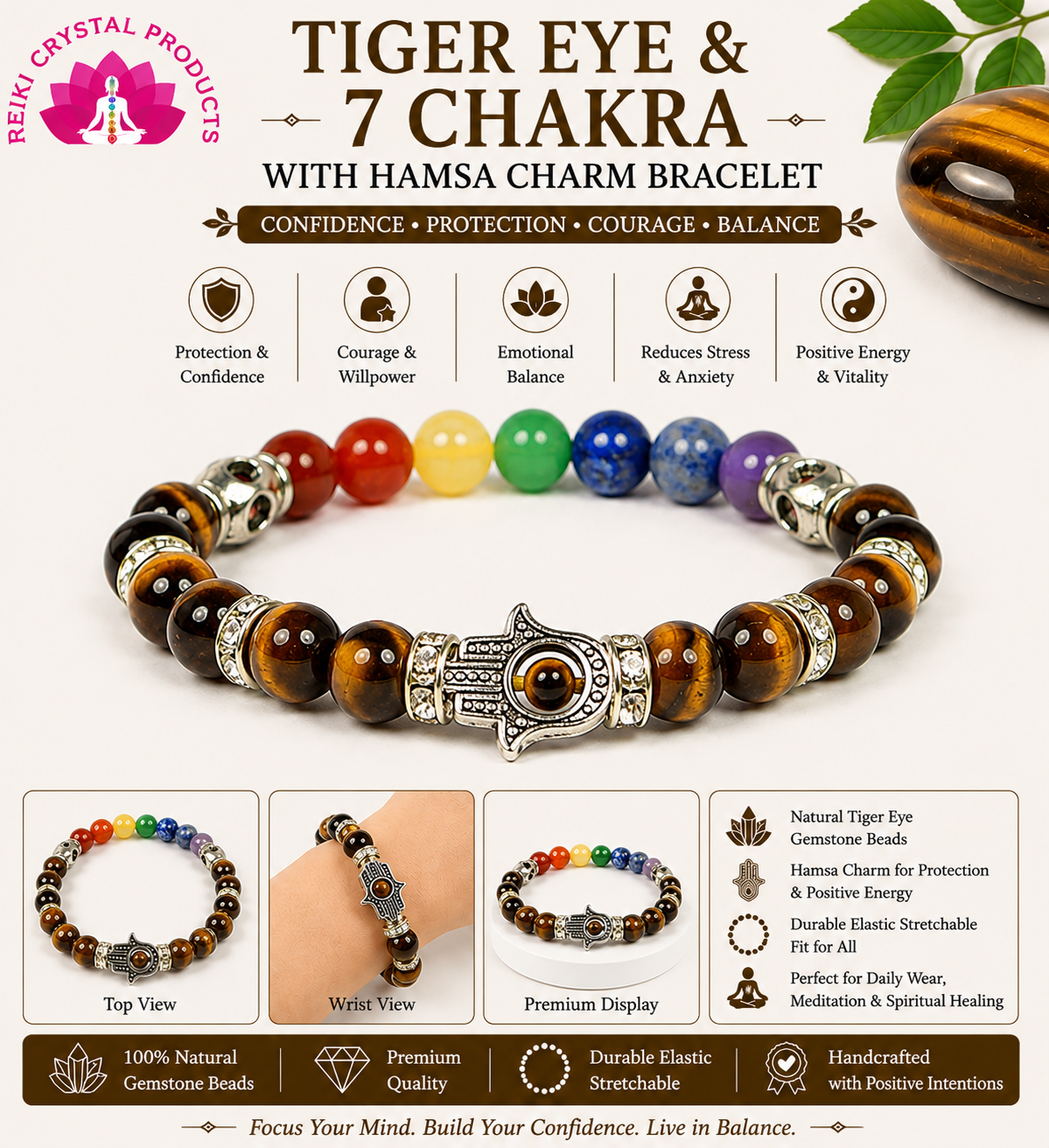 Natural Tiger Eye & 7 Chakra with Hamsa Charm Bracelet