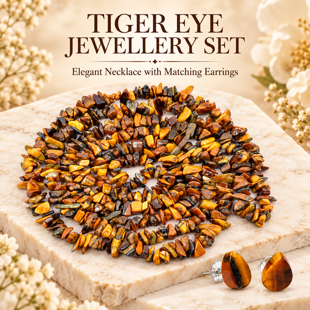 Tiger Eye Chip Necklace Mala with Earrings