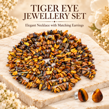 Tiger Eye Chip Necklace Mala with Earrings