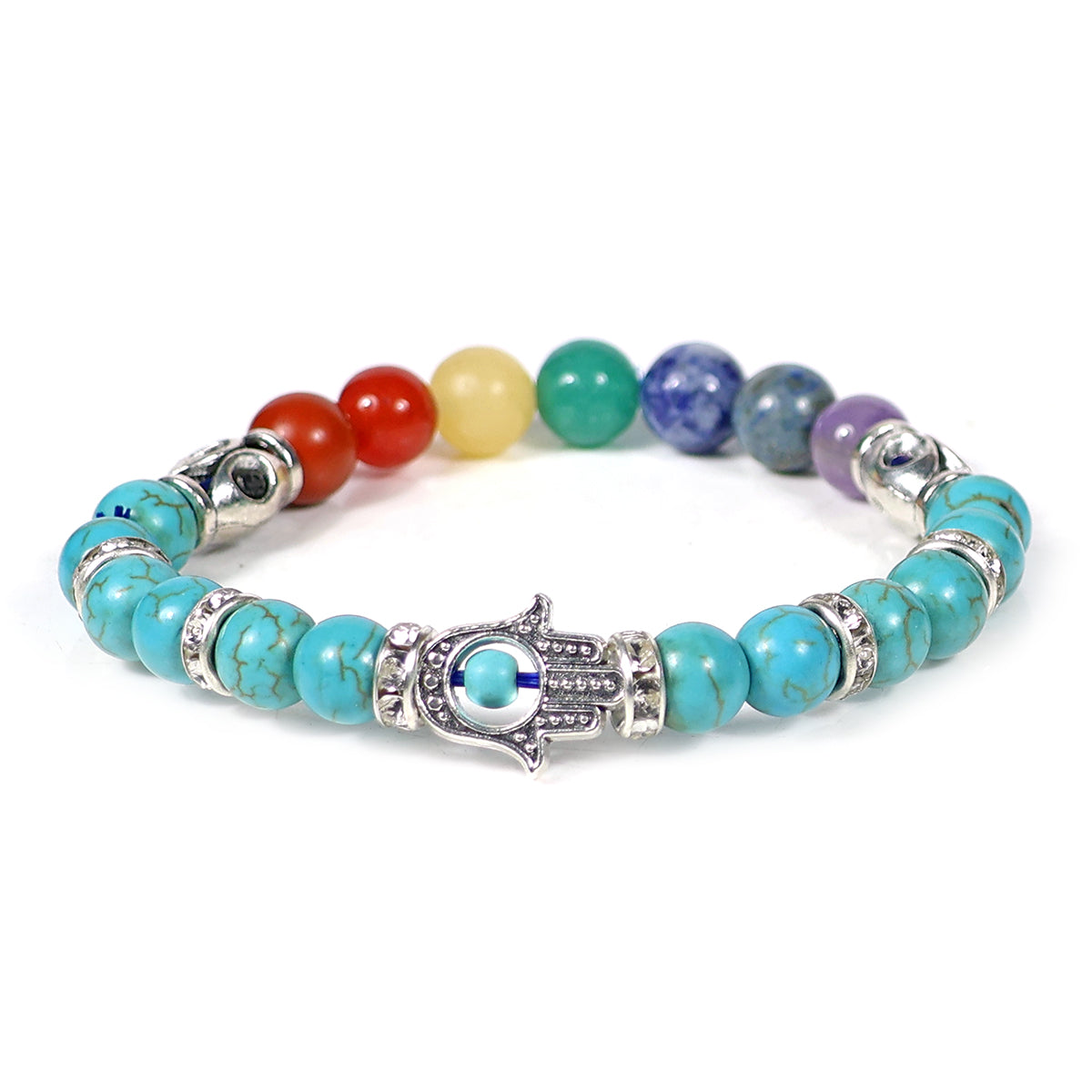 Turquoise Synthetic 7 Chakra Bracelet with Hamsa Hand Charm for Protection and Energy Balance