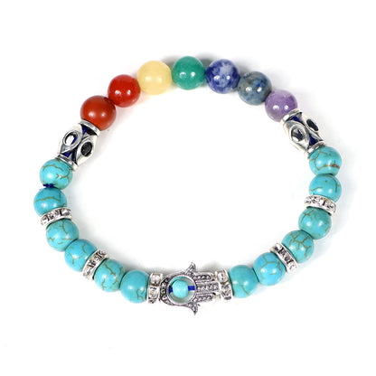 Turquoise Synthetic Beaded Bracelet with Seven Chakra Stones and Hamsa Protection Charm