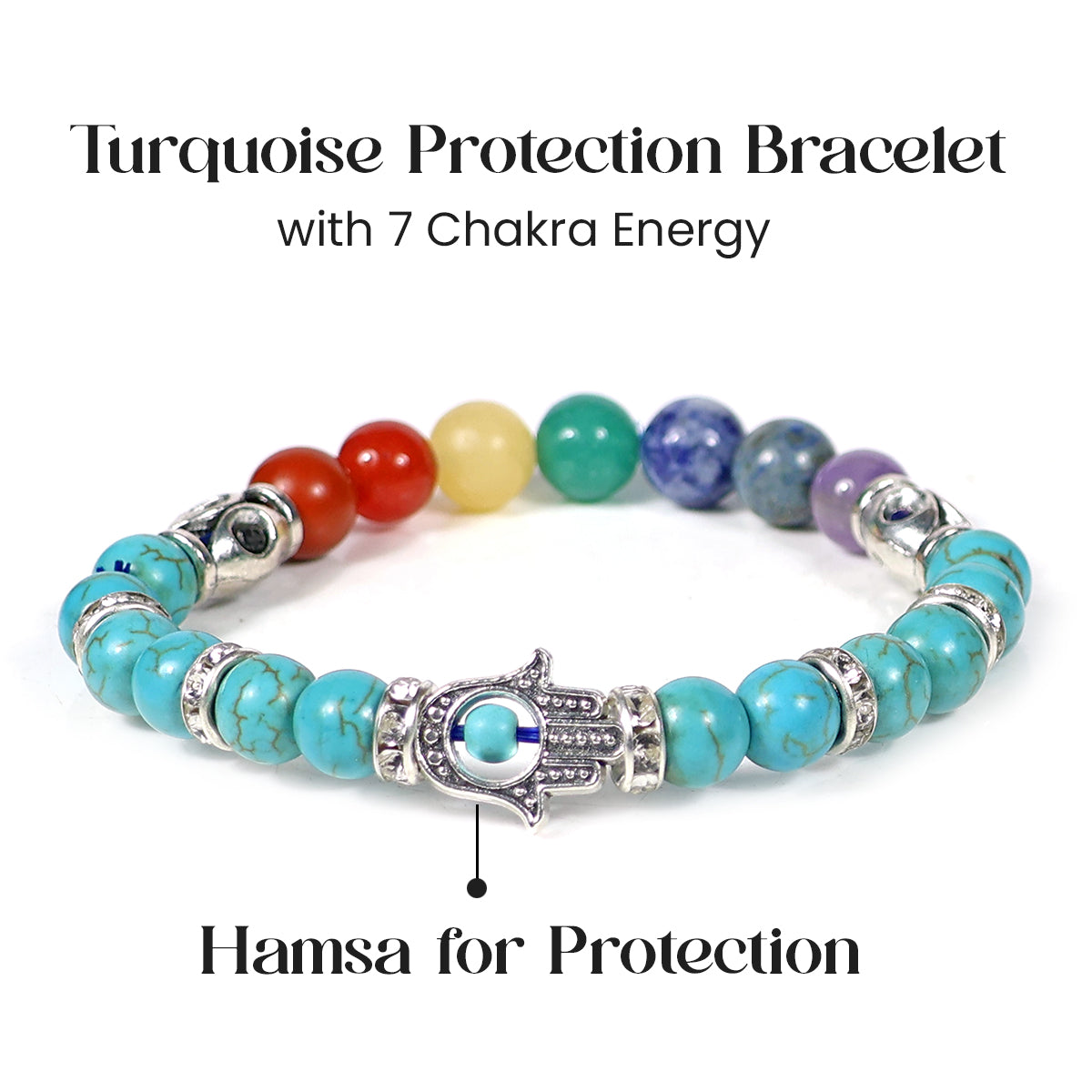 Turquoise Chakra Bracelet Close Up Showing 7 Chakra Stones and Hamsa Hand Charm