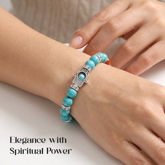 7 Chakra Healing Bracelet with Turquoise Beads and Hamsa Hand Spiritual Charm