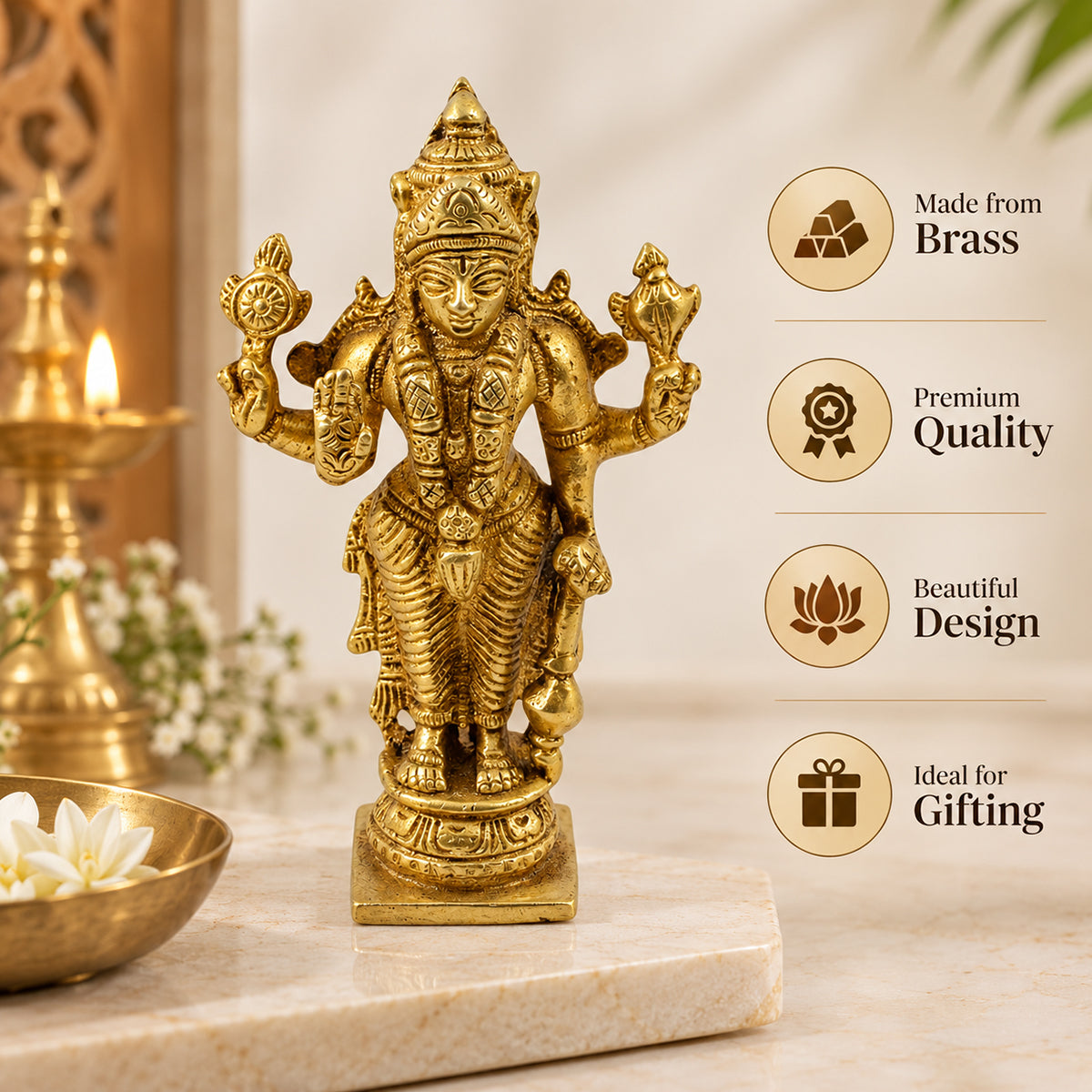 Brass Vishnu Statue for Vastu Remedy | 270–300 Gram Solid Brass Lord Vishnu Idol for Protection, Harmony & Positive Energy | Decorative Brass Vishnu Murti for Home, Office & Pooja Room