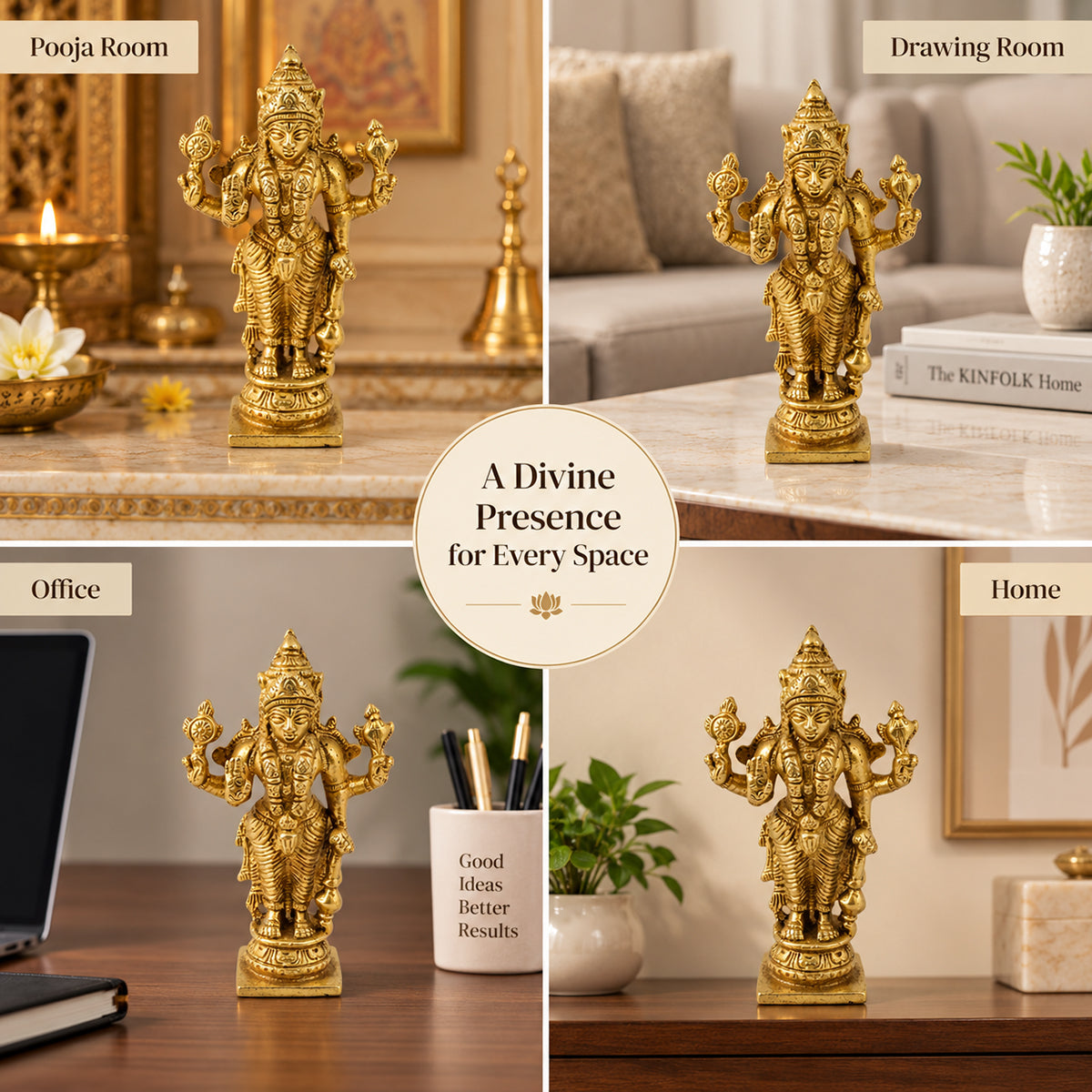Brass Vishnu Statue for Vastu Remedy | 270–300 Gram Solid Brass Lord Vishnu Idol for Protection, Harmony & Positive Energy | Decorative Brass Vishnu Murti for Home, Office & Pooja Room