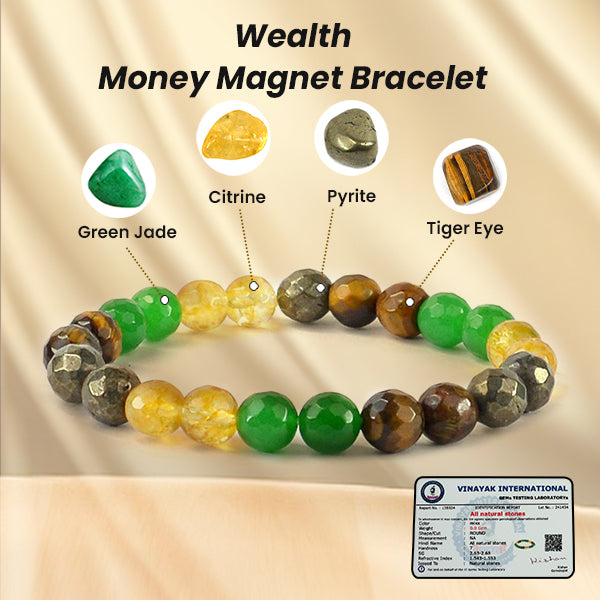 Certificate of Authenticity Money Magnet Bracelet | Dhan Yog Bracelet | Attracts Wealth and Financial Prosperity | Natural Citrine, Pyrite, Green Aventurine, Tiger Eye Combination Stone Bracelet for Men & Women