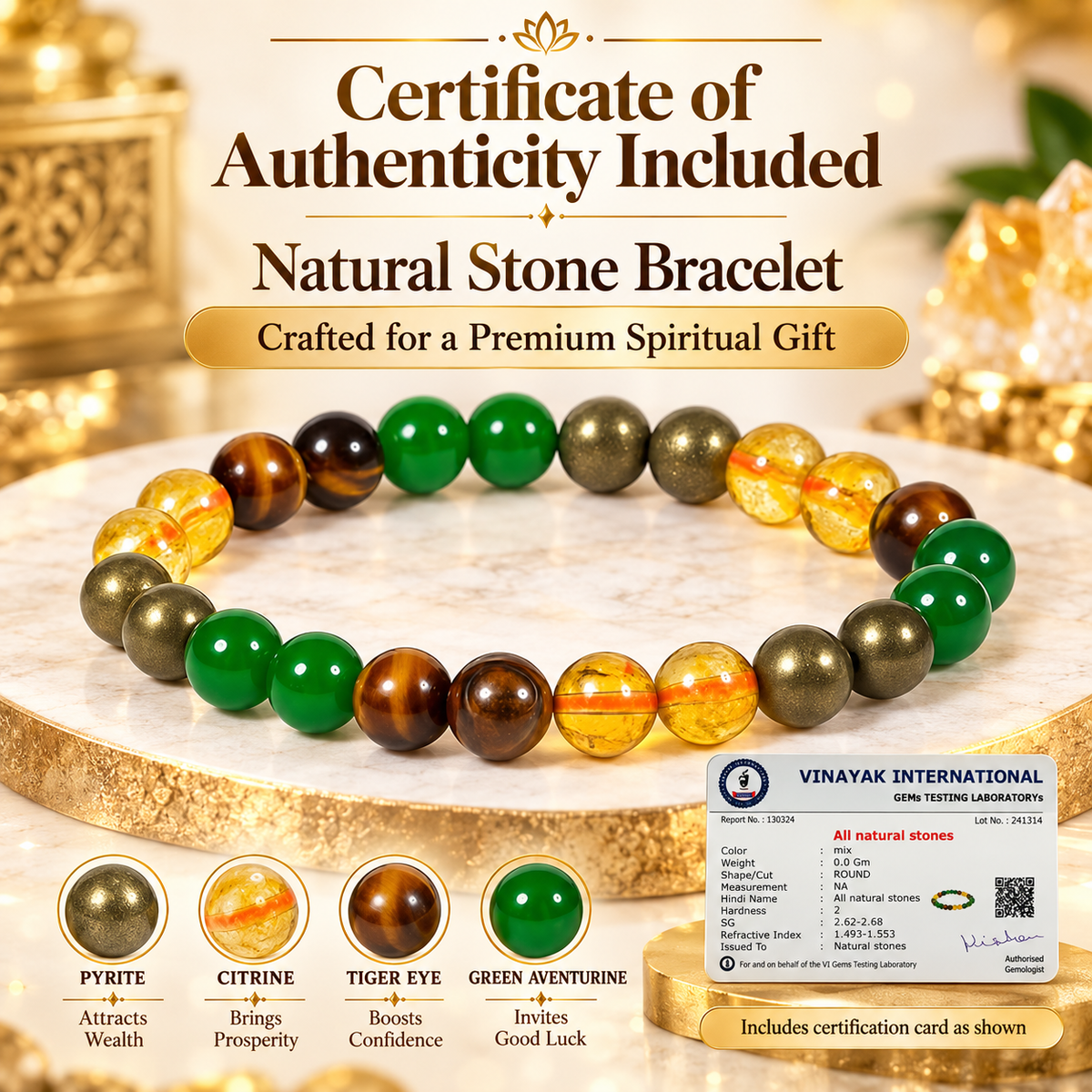 Certified Money Magnet Dhan Yog Wealth 8 mm Faceted Beads Bracelet – Citrine, Green Aventurine, Pyrite & Tiger Eye for Wealth, Prosperity, Success & Positive Energy | Men & Women