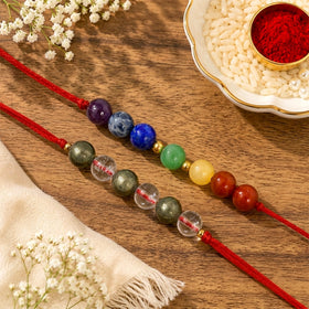 Wealth & Clarity Rakhi Combo Set of 2 | Natural Pyrite & Clear Quartz Crystal Stone Rakhi with 7 Chakra Crystal Rakhi | Reiki Charged Handmade Raksha Bandhan Rakhi for Men & Women | Prosperity, Positive Energy & Mental Clarity