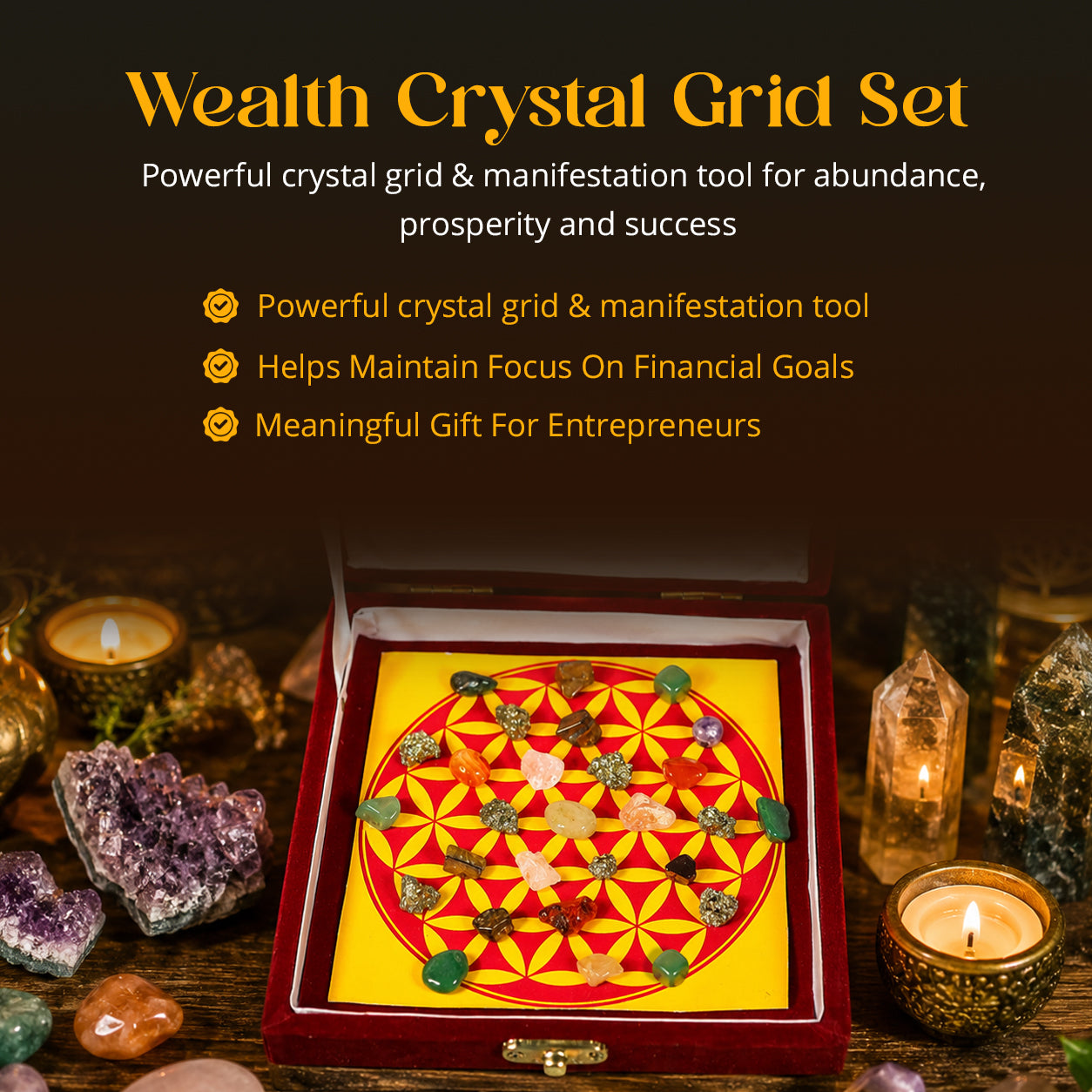Wealth & Success Crystal Tumble Grid Box – Prosperity, Career Growth & Financial Success Crystal Set | Reiki Charged Abundance & Success Crystal Grid Kit