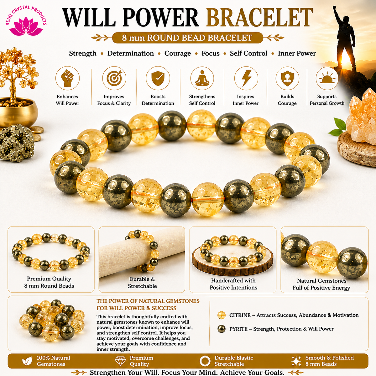 Energized AAA Natural Stone Bracelet 8mm – Custom Purpose Crystal Beads Bracelet for Wealth, Education, Confidence, Relationship, Will Power, Protection & Abundance Energy