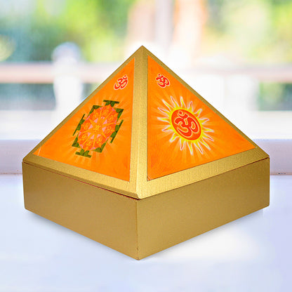 Wooden Pyramid OM Symbol Wish Box 10.1 cm to 15.2 cm (4–6 Inch) | Handcrafted Wooden Vastu Pyramid with OM Symbol & Wish Box | Spiritual Meditation Pyramid for Home, Office,
