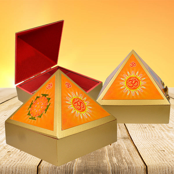 Wooden Pyramid OM Symbol Wish Box 10.1 cm to 15.2 cm (4–6 Inch) | Handcrafted Wooden Vastu Pyramid with OM Symbol & Wish Box | Spiritual Meditation Pyramid for Home, Office, Temple & Positive Energy Décor