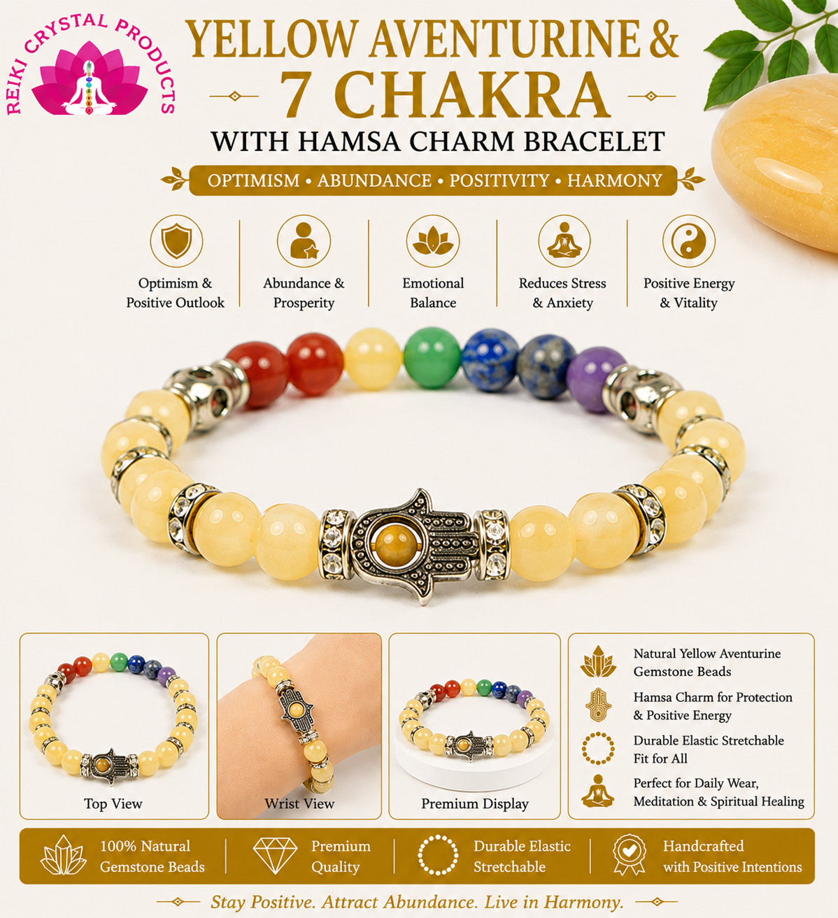 Natural Yellow Aventurine & 7 Chakra with Hamsa Charm Bracelet