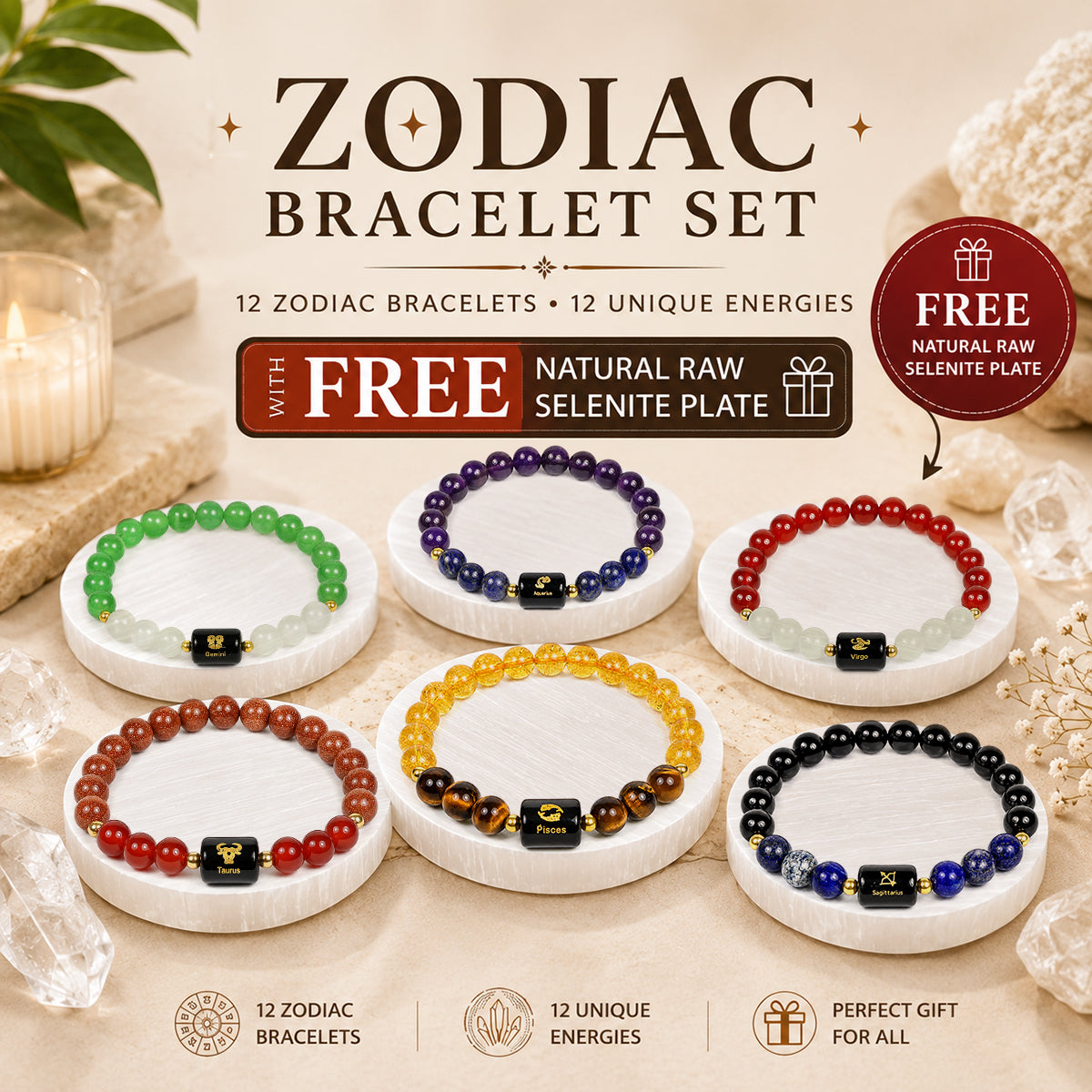 Certified Zodiac Crystal Bracelet Collection with FREE Natural Raw Selenite Plate | Birth Sign Astrology Gemstone Bracelet for 12 Zodiac Signs | Gift for Men & Women