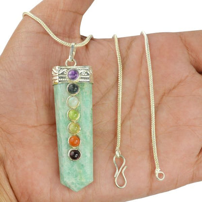 Natural Crystal Stone Flat Stick 7 Chakra Beads Pendant Size 45-50 mm with Metal Chain