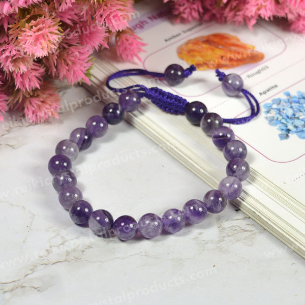 Natural Single Line Stone Macrame Nylon Cord Adjustable 8 mm Bracelet for Unisex