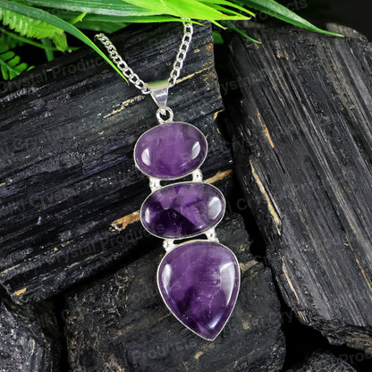 Natural Crystal Stone Pendant - Locket with Metal Chain