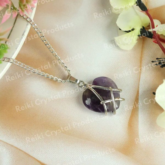 Natural Crystal Stone Heart Shape Pendant - Locket with Metal Chain