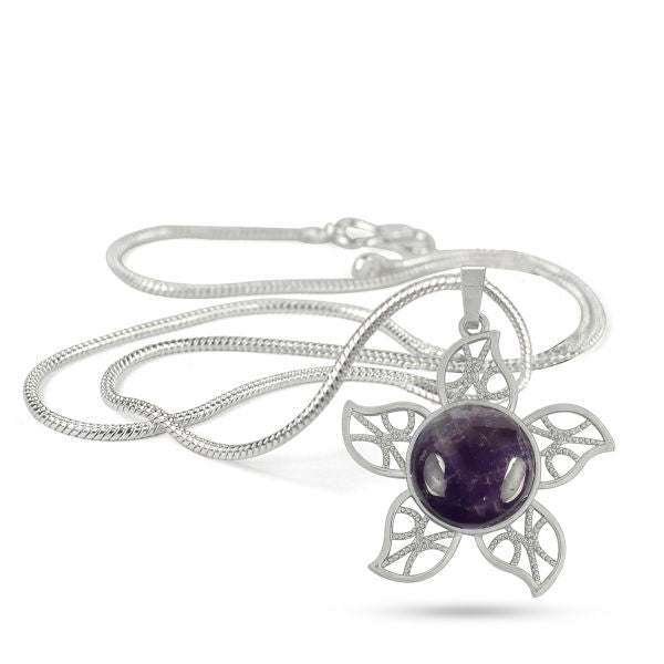 Natural Crystal Stone Flower Shape Pendant - Locket with Metal Chain