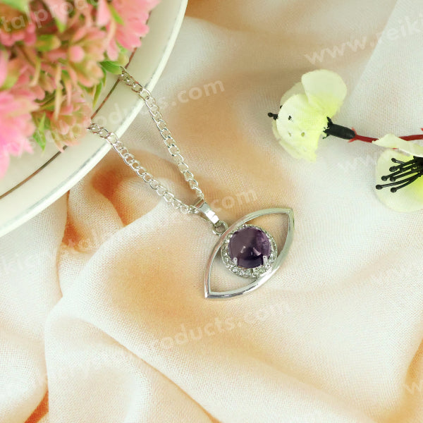 Natural Crystal Stone Eye Shape Pendant - Locket with Metal Chain