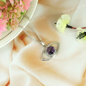 Natural Crystal Stone Eye Shape Pendant - Locket with Metal Chain