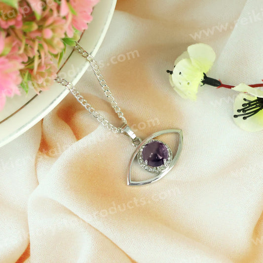 Natural Crystal Stone Eye Shape Pendant - Locket with Metal Chain