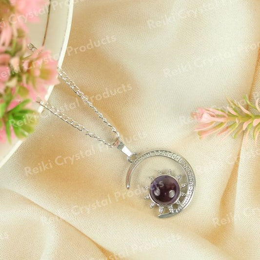 Natural Crystal Stone Sun And Moon Shape Pendant - Locket with Metal Chain