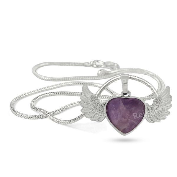Natural Crystal Stone Angel Wings Heart Shape Pendant - Locket with Metal Chain