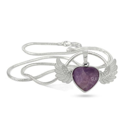 Natural Crystal Stone Angel Wings Heart Shape Pendant - Locket with Metal Chain