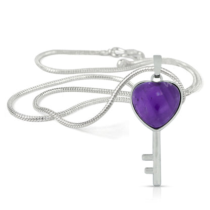 Natural Crystal Stone Heart Key Shape Pendant - Locket with Metal Chain