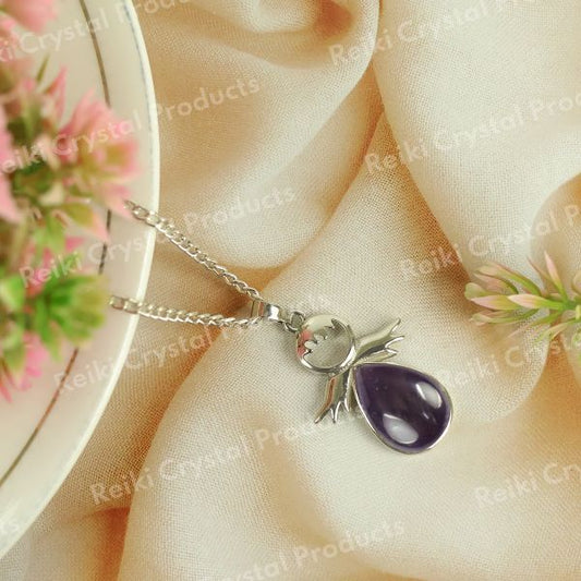 Natural Crystal Stone Angel Guardian Shape Pendant - Locket with Metal Chain