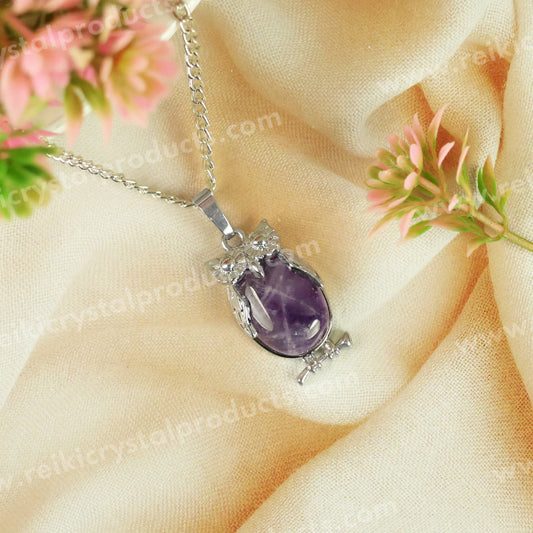 Natural Crystal Stone Owl Shape Pendant - Locket with Metal Chain