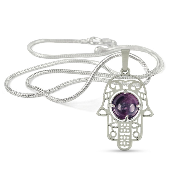 Natural Crystal Stone Hamsa Charm Pendant - Locket with Metal Chain