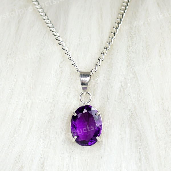 Natural Amethyst Gemstone Pendant Crystal Stone Cutting Oval Shape Pendant Locket with Metal Chain
