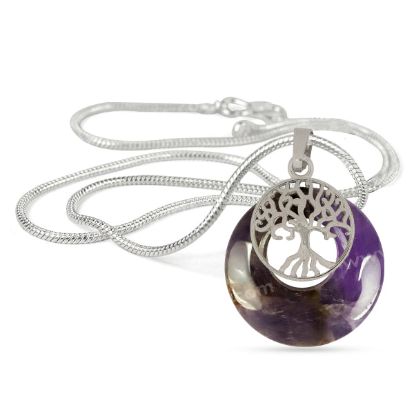 Natural Crystal Stone Tree of Life Charm Pendant - Locket with Metal Chain