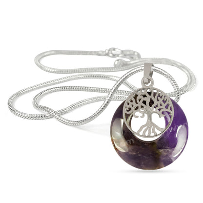 Natural Crystal Stone Tree of Life Charm Pendant - Locket with Metal Chain