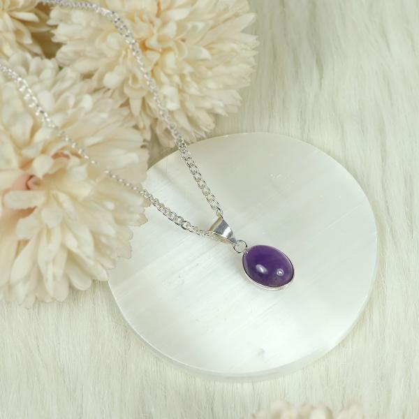 Natural Amethyst Oval Shape Pendant Locket with Metal Chain for Unisex