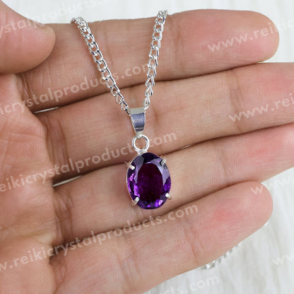 Natural Amethyst Gemstone Pendant Crystal Stone Cutting Oval Shape Pendant Locket with Metal Chain