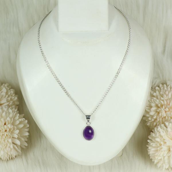 Natural Amethyst Oval Shape Pendant Locket with Metal Chain for Unisex
