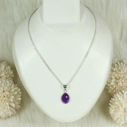 Natural Amethyst Oval Shape Pendant Locket with Metal Chain for Unisex