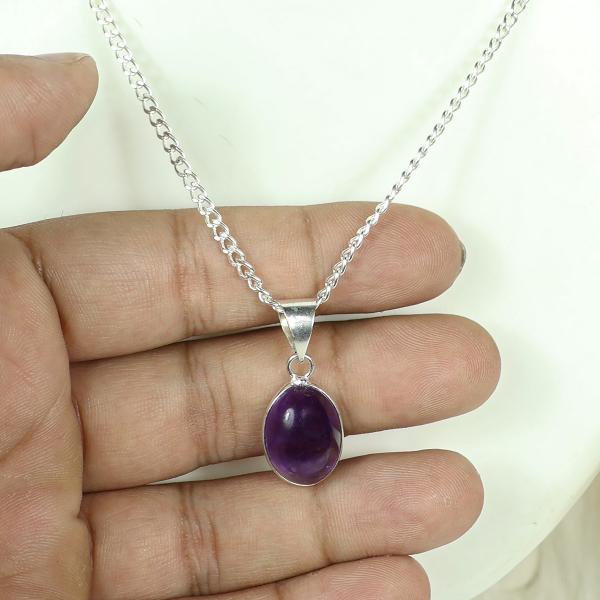 Natural Amethyst Oval Shape Pendant Locket with Metal Chain for Unisex
