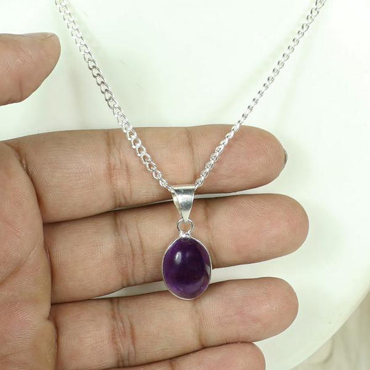 Natural Amethyst Oval Shape Pendant Locket with Metal Chain for Unisex
