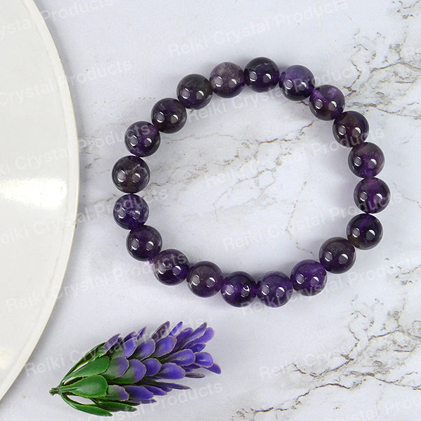 Reiki Charged Amethyst 10 mm Bead Bracelet for Positive Energy