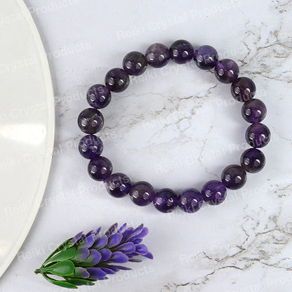 Reiki Charged Amethyst 10 mm Bead Bracelet for Positive Energy