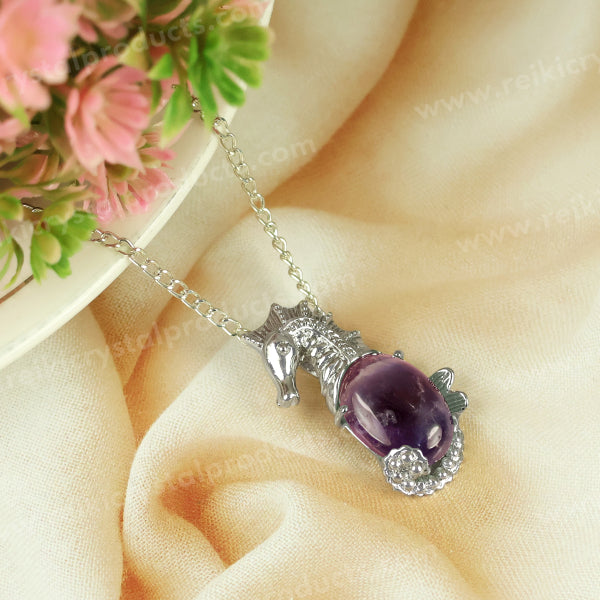 Natural Crystal Stone Seahorse Shape Pendant - Locket with Metal Chain