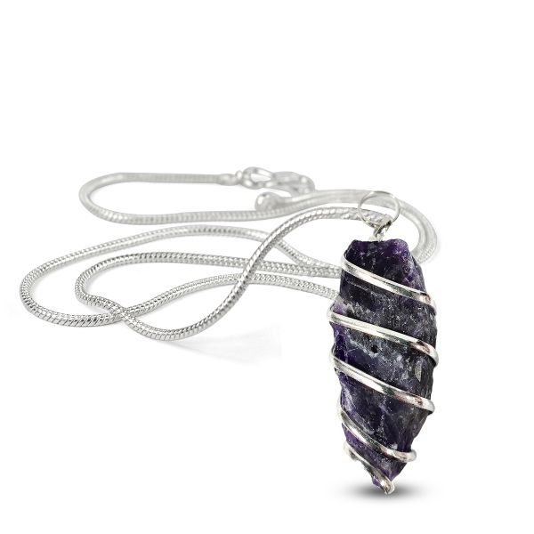 Natural Crystal Stone Wire Wrapped Pendant - Locket with Metal Chain